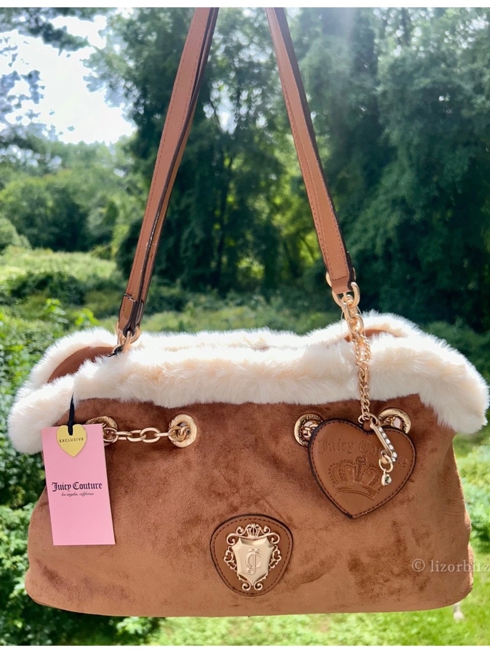 NEW! JUICY COUTURE Faux Sherpa Suede Glamour Gang Satchel Cinnamon Brown